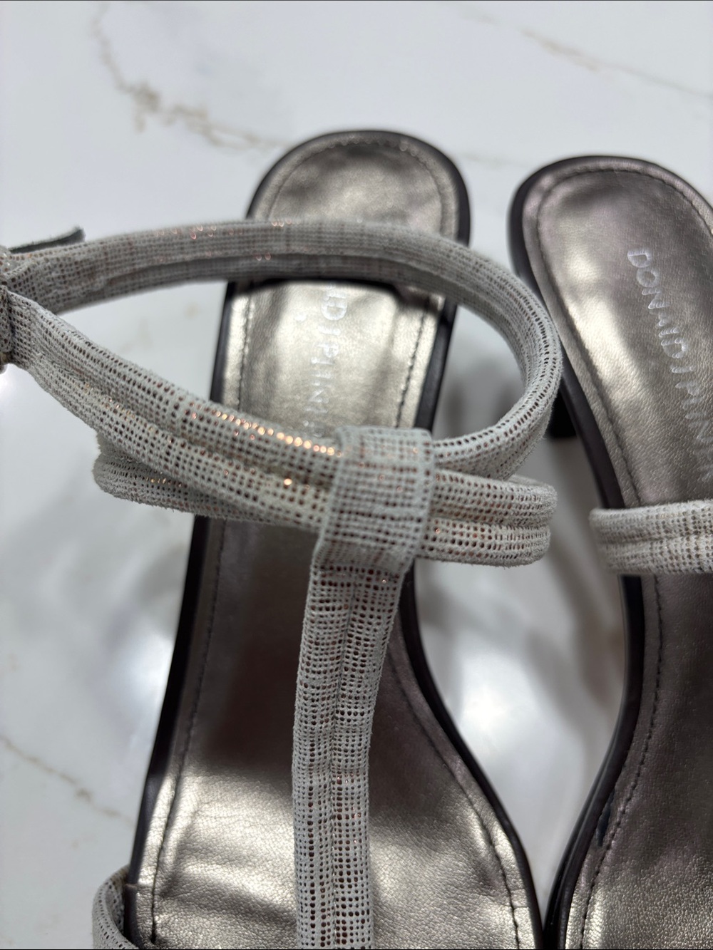 Donald J. Pliner Silver Textured Strappy Mid-Heel Sandals - Picture 6 of 13